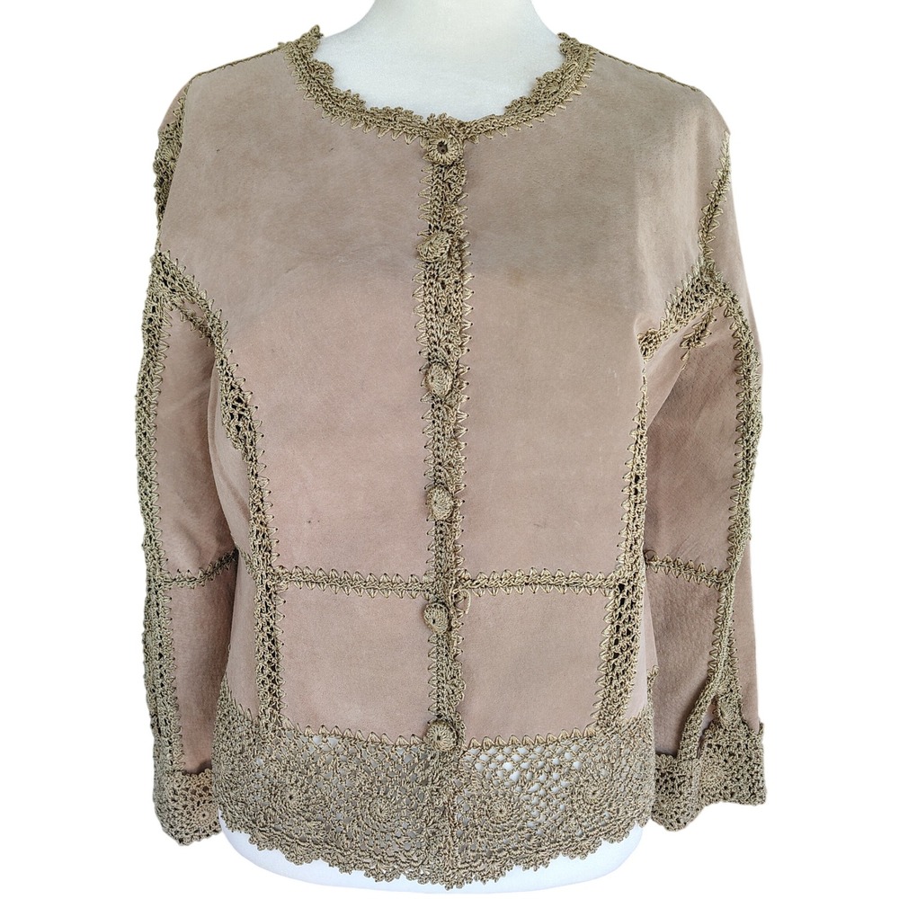 Women's Tan Leather Jacket with Crochet Details